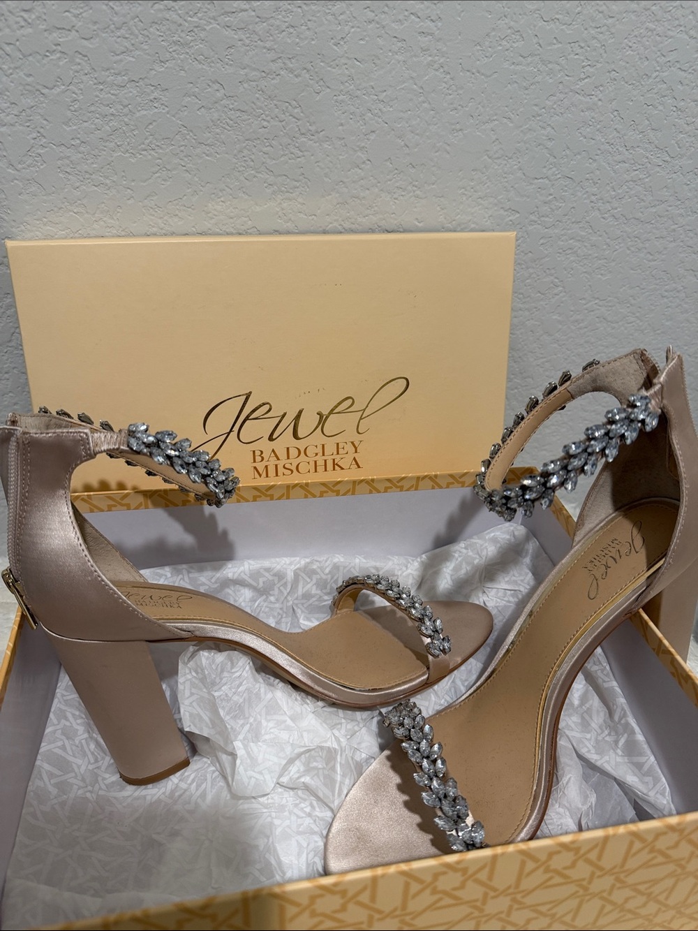 Jewel Badgley Mischka Blush Satin Crystal-Strap Block Heels